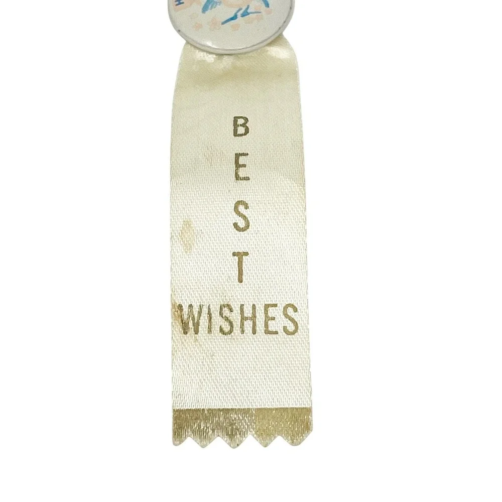 Vintage Happy Birthday Best Wishes Pin w Ribbon Cream Blue Pink Bird Collectible